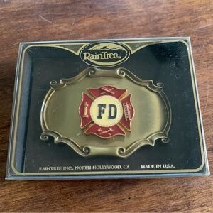 Vintage 1978 Fire Department Boxed Brass Belt Buckle Raintree Made in USA RARE